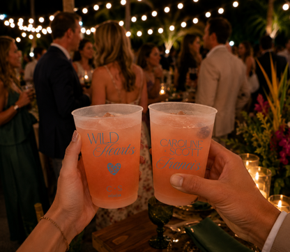 Frosted Wild Hearts personalized wedding cups with blue leopard heart.
