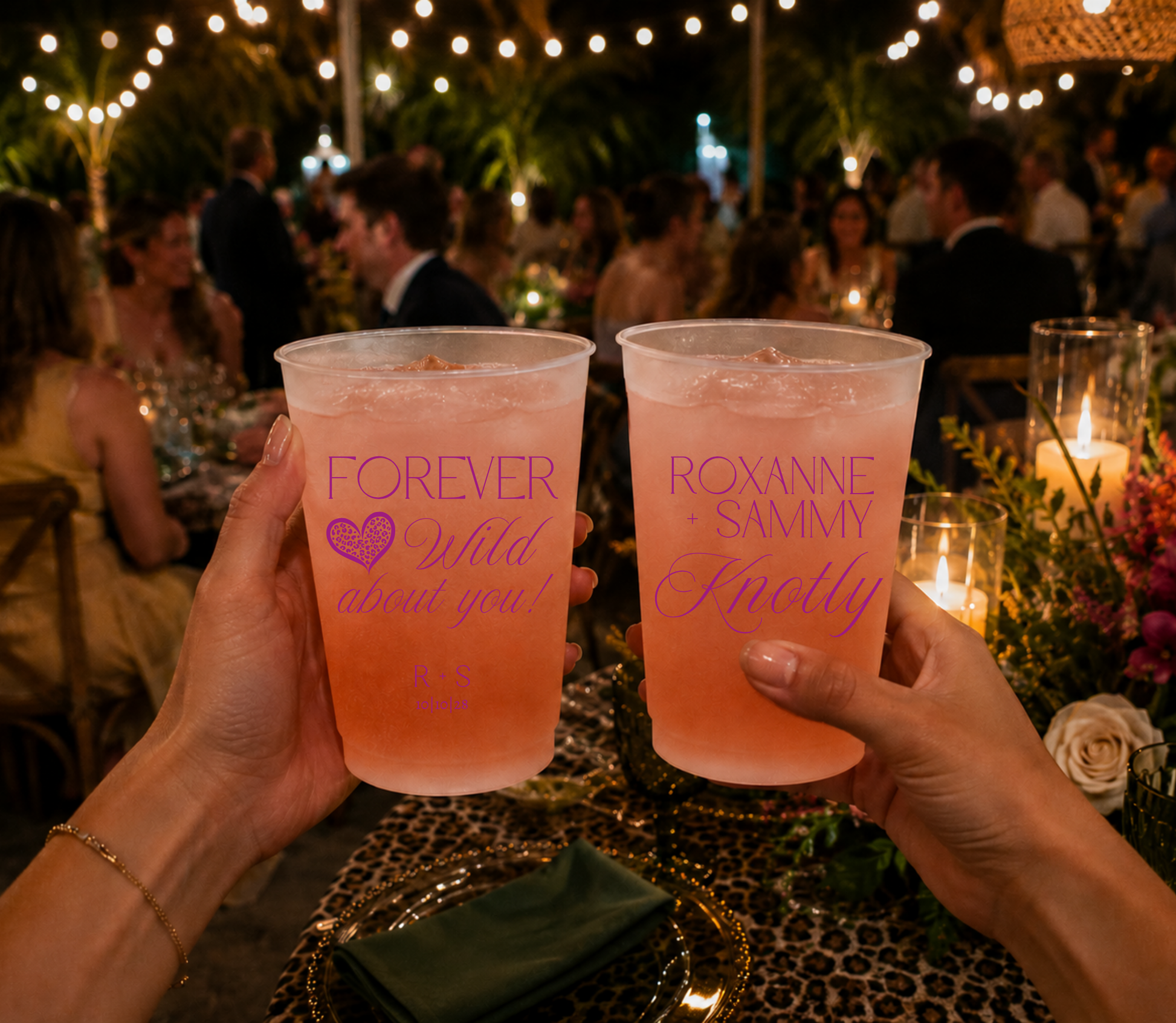 Leopard heart personalized plastic wedding cups for colorful weddings.