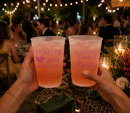 Leopard heart personalized plastic wedding cups for colorful weddings.