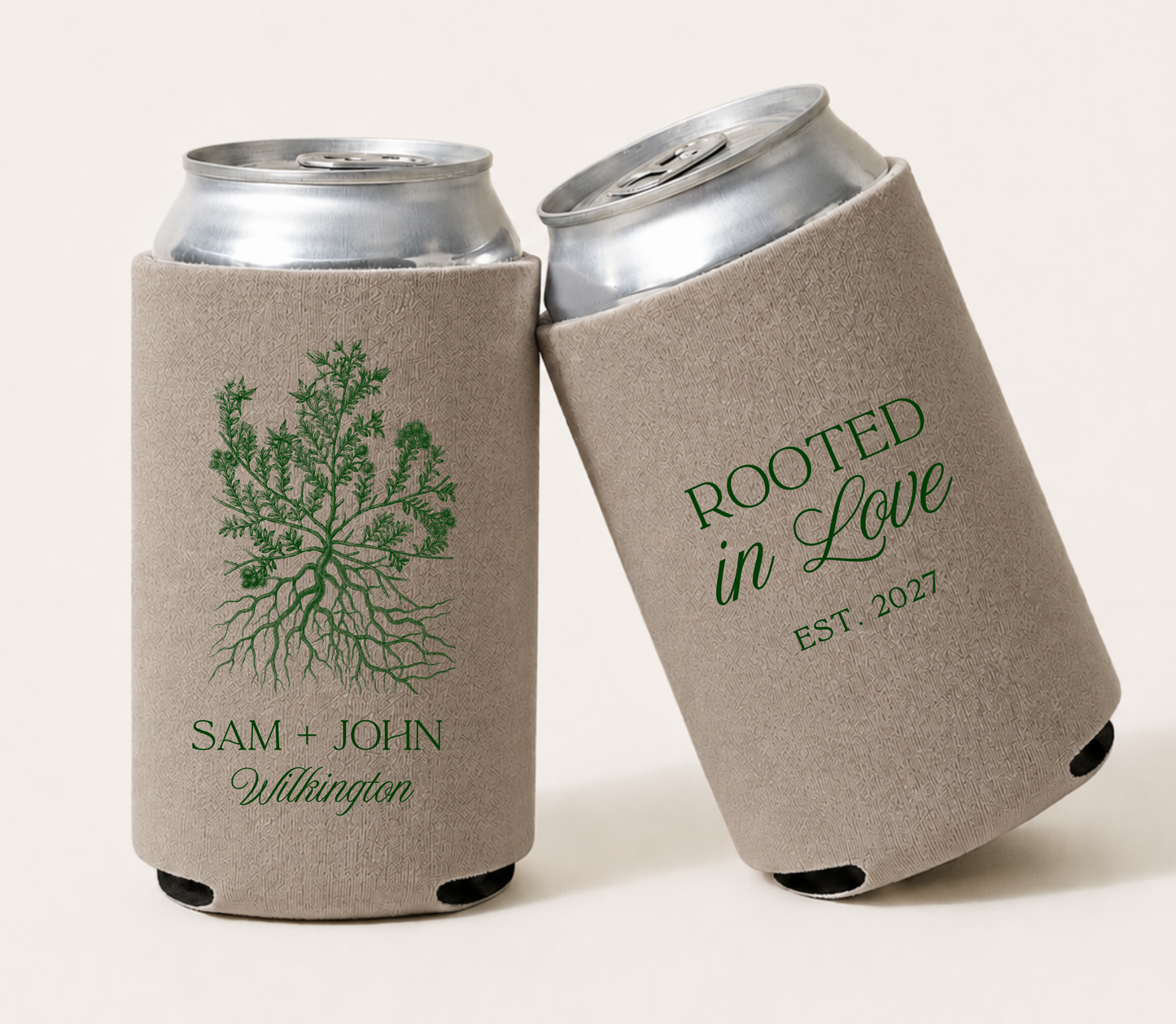 Taupe personalized Rooted In Love wedding can coolers featuring a detailed tree roots illustration, custom couple names Sam and John, family surname Wilkington, and Rooted In Love design.