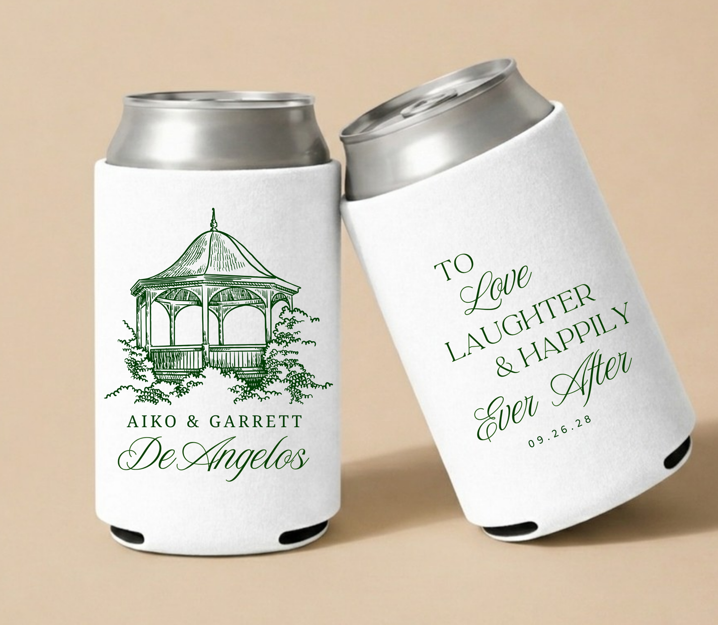 White personalized wedding can coolers featuring an elegant gazebo illustration, couple names Aiko and Garrett, family name DeAngelos, and wedding date.