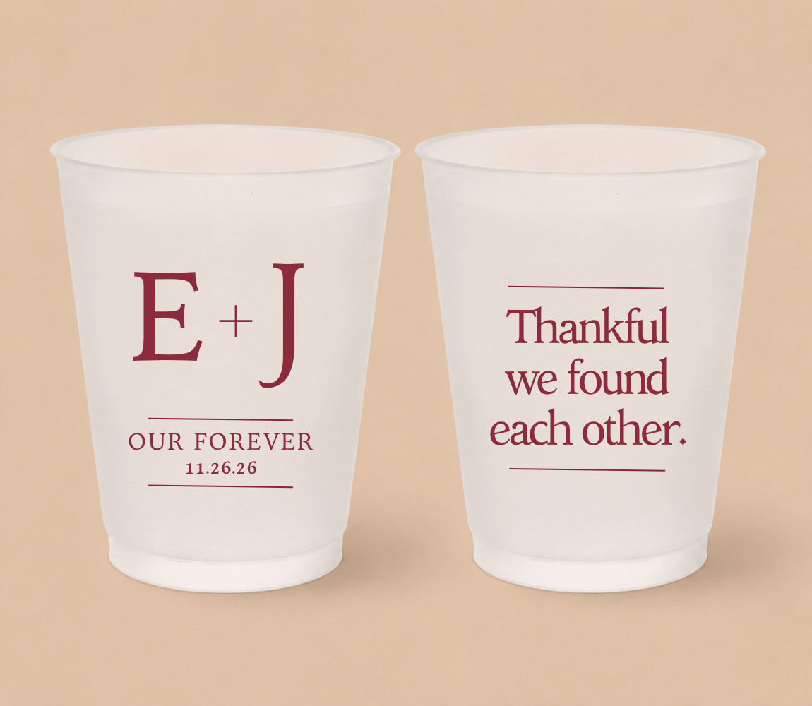 Personalized Thanksgiving wedding frosted cups with custom initials and romantic quote