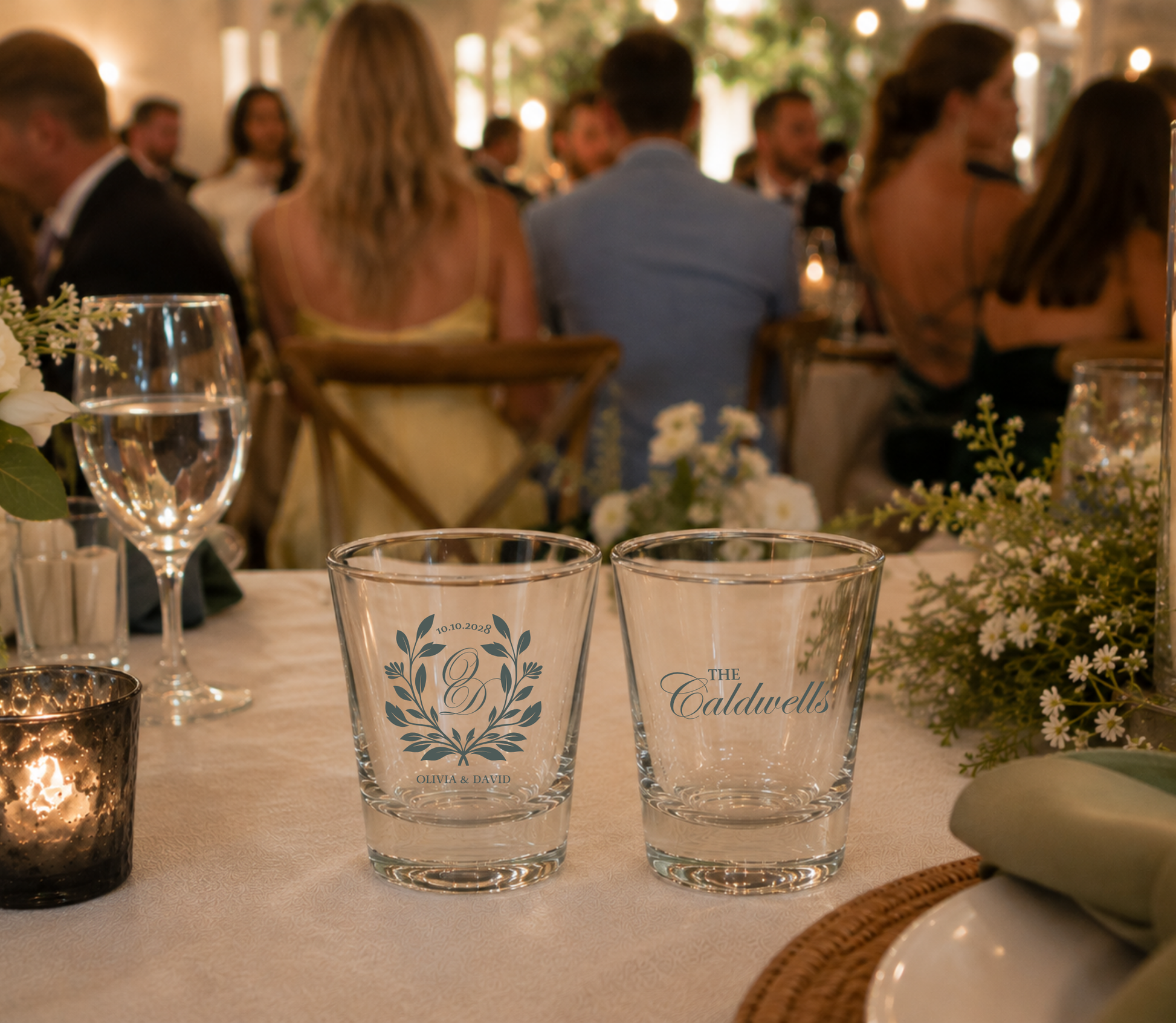 Laurel wreath personalized wedding shot glasses.

Custom monogram wedding shot glasses.

Elegant botanical wedding favor shot glasses.