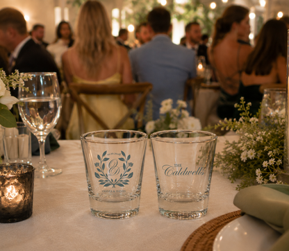 Laurel wreath personalized wedding shot glasses.

Custom monogram wedding shot glasses.

Elegant botanical wedding favor shot glasses.