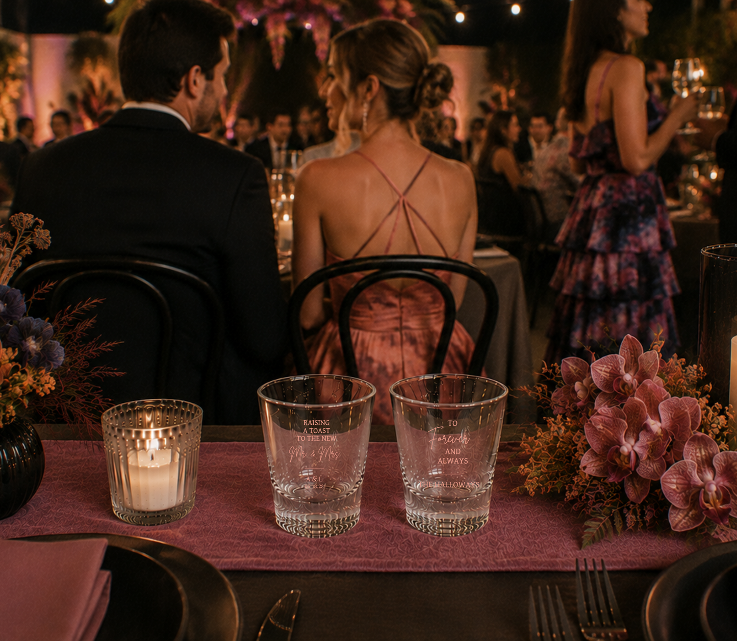 Raising A Toast personalized wedding shot glasses.

Mr. and Mrs. personalized wedding shot glasses.

Personalized wedding drinkware with Forever and Always design.
