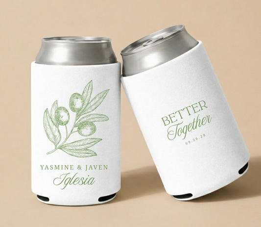 White personalized wedding can coolers featuring an elegant olive branch illustration, couple names Yasmine and Javen, family name Iglesia, and wedding date.
