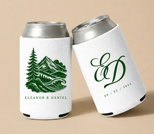 White personalized wedding can coolers featuring a mountain landscape illustration, custom couple names, elegant monogram, and wedding date.

Personalized mountain wedding can cooler with scenic landscape illustration.

White neoprene wedding can cooler featuring personalized initials.