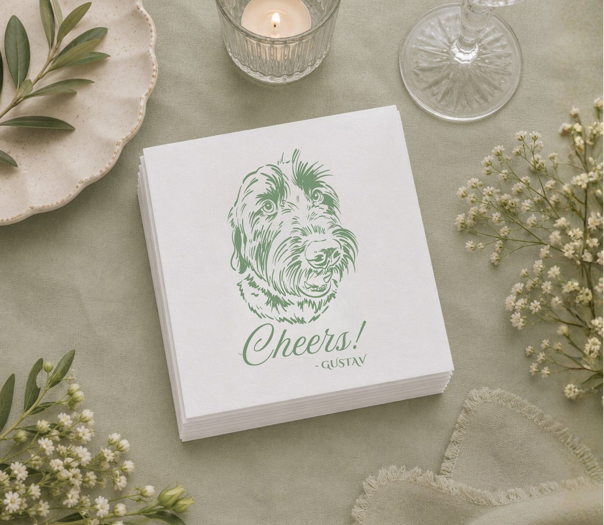 Custom paper wedding napkin featuring a detailed dog portrait, personalized pet name, and Cheers message.