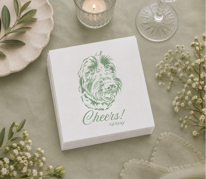 Custom paper wedding napkin featuring a detailed dog portrait, personalized pet name, and Cheers message.