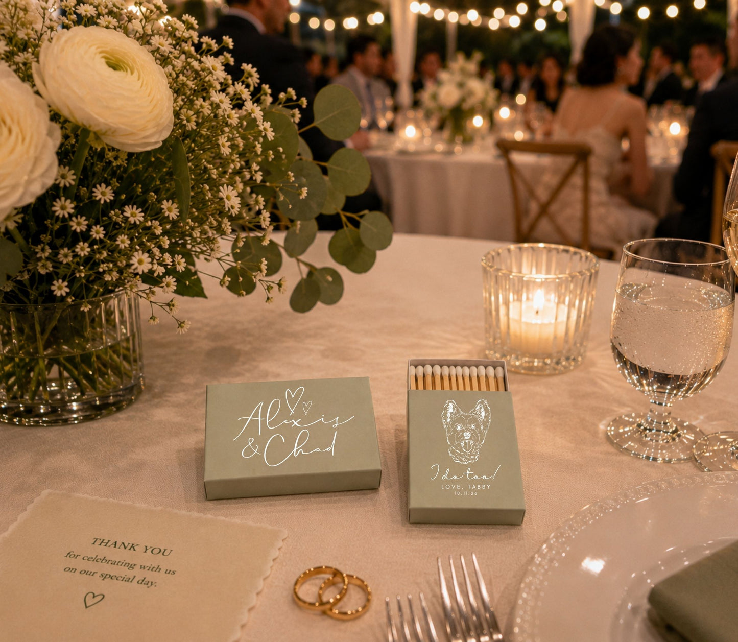 Dog lover wedding favor matchbox featuring personalized pet artwork and premium safety matches.
Custom pet portrait wedding matchbox with elegant typography and personalized wedding details.