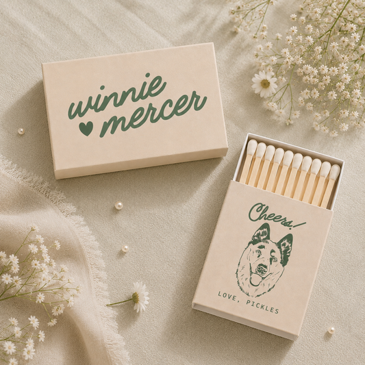 Custom pet portrait wedding matchbox featuring a personalized dog illustration and wedding names.