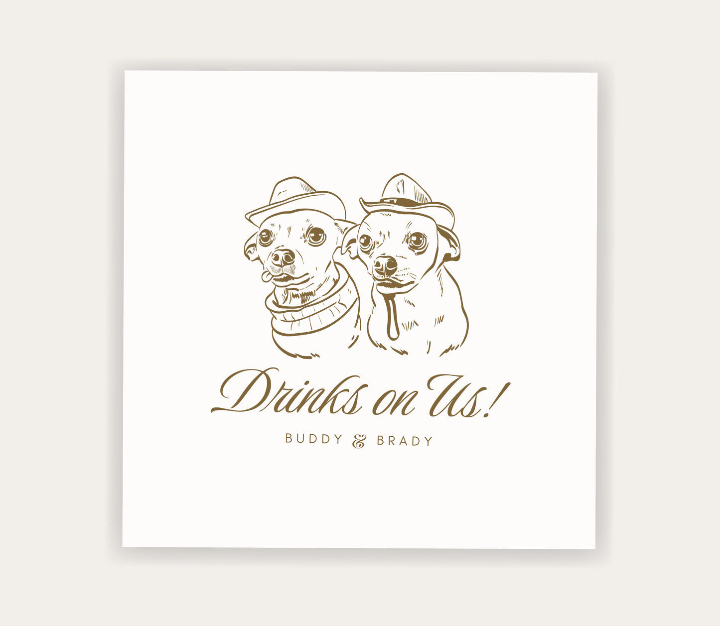 Custom pet portrait wedding napkin featuring two dogs and Drinks On Us personalized wedding design