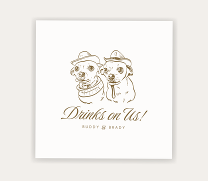 Custom pet portrait wedding napkin featuring two dogs and Drinks On Us personalized wedding design