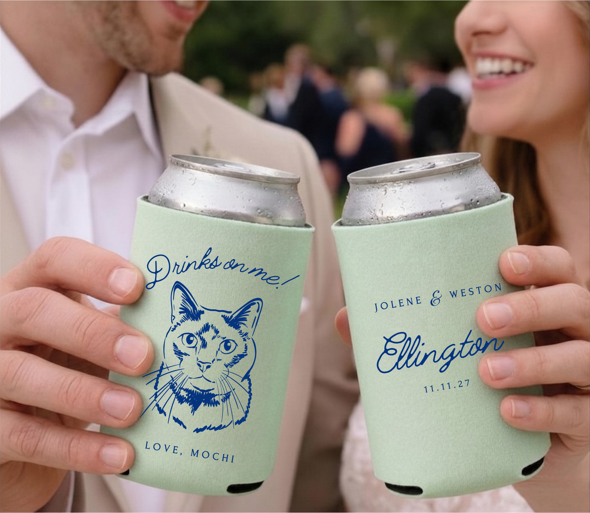 Wedding couple holding personalized mint green can coolers with custom cat designs and names and date of event