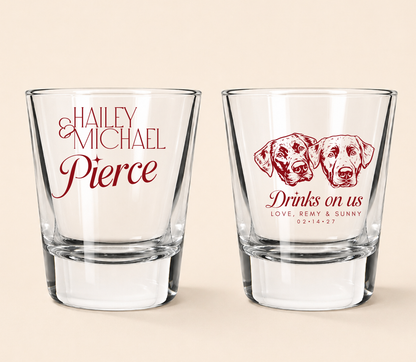 Personalized dog portrait wedding shot glasses with red custom pet artwork, couple names, pet name, and wedding date for unique wedding favors