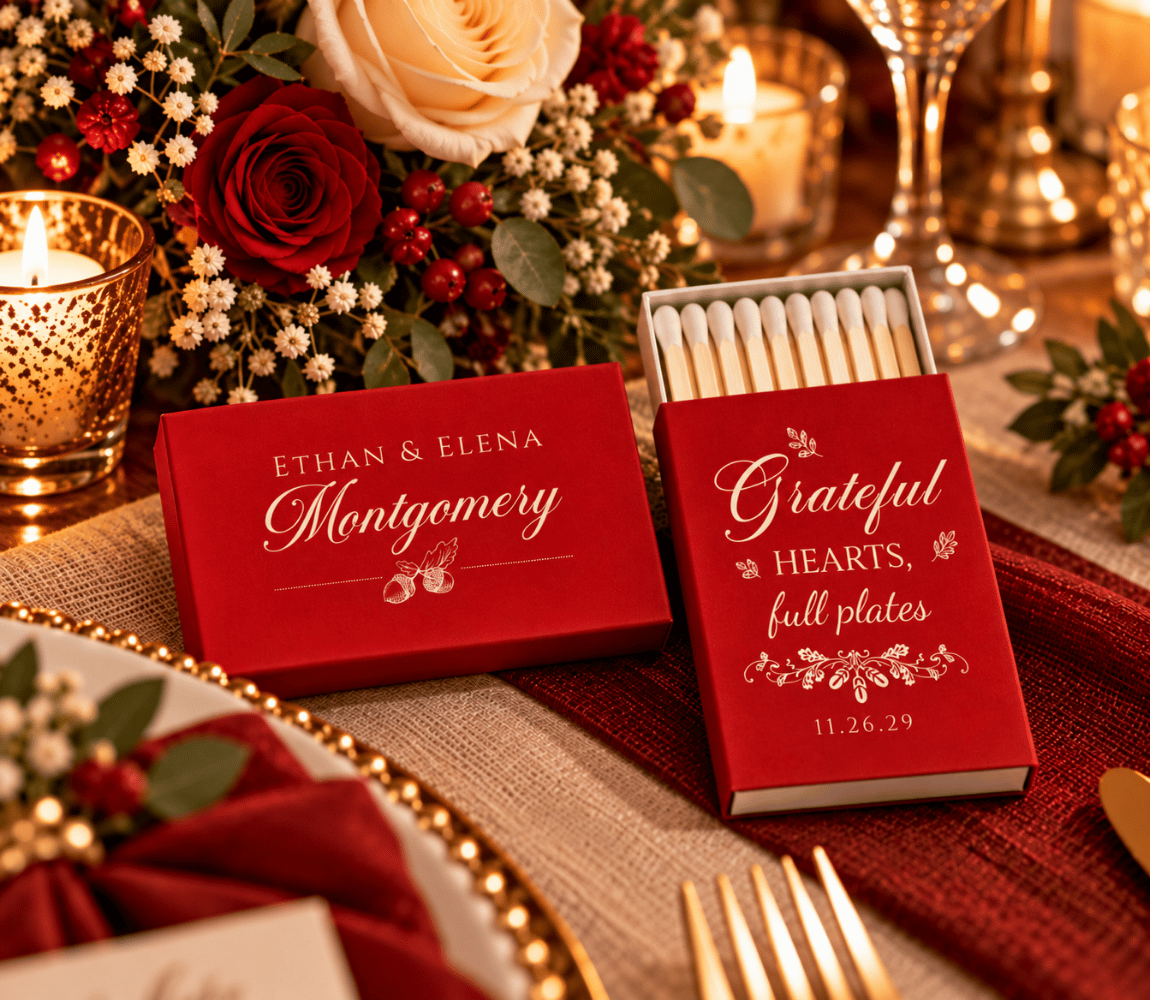 Grateful Hearts Full Plates personalized wedding matchboxes
