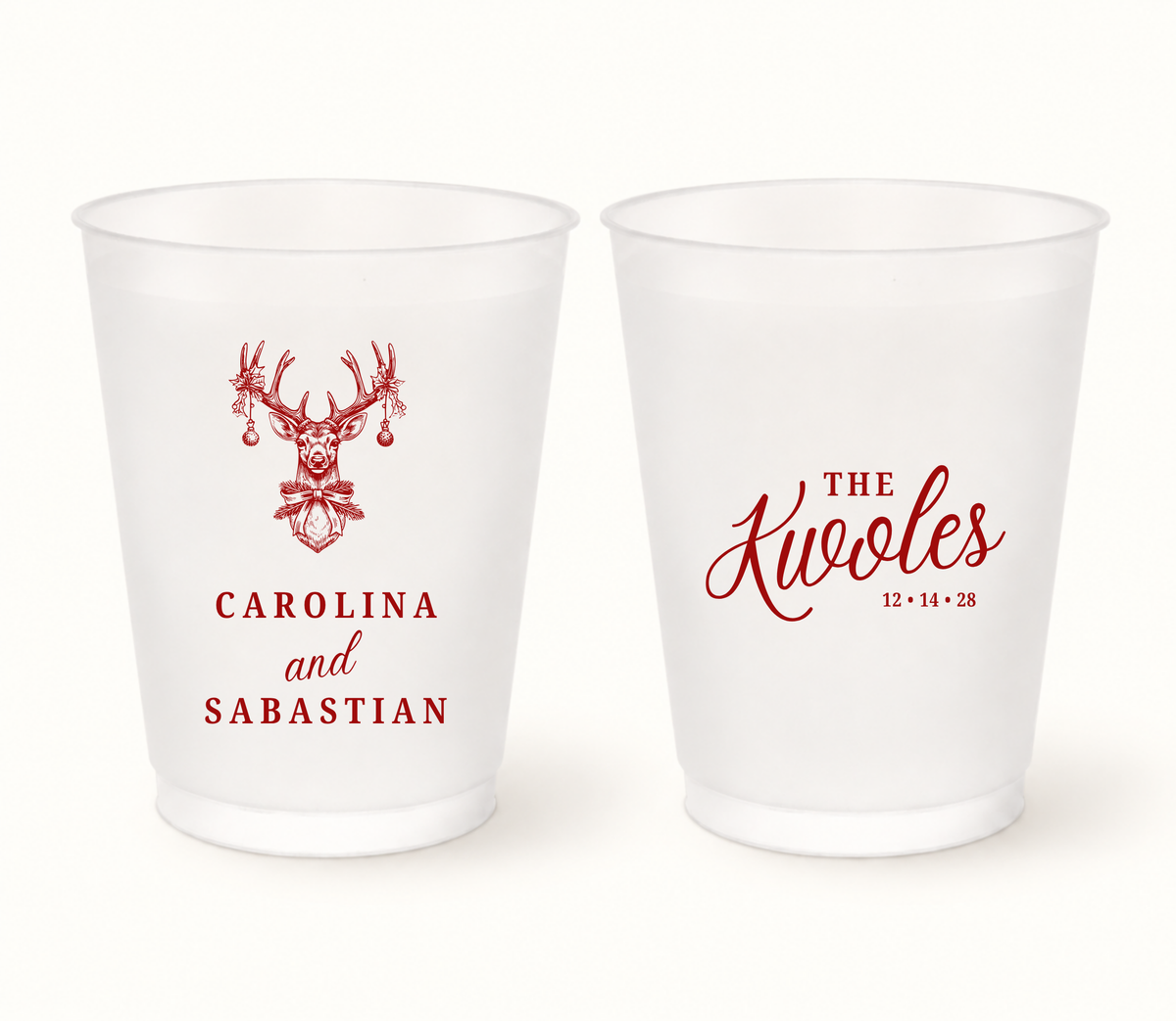 Personalized Christmas reindeer wedding frosted cups featuring holiday deer illustration, custom couple names, surname, and wedding date.
