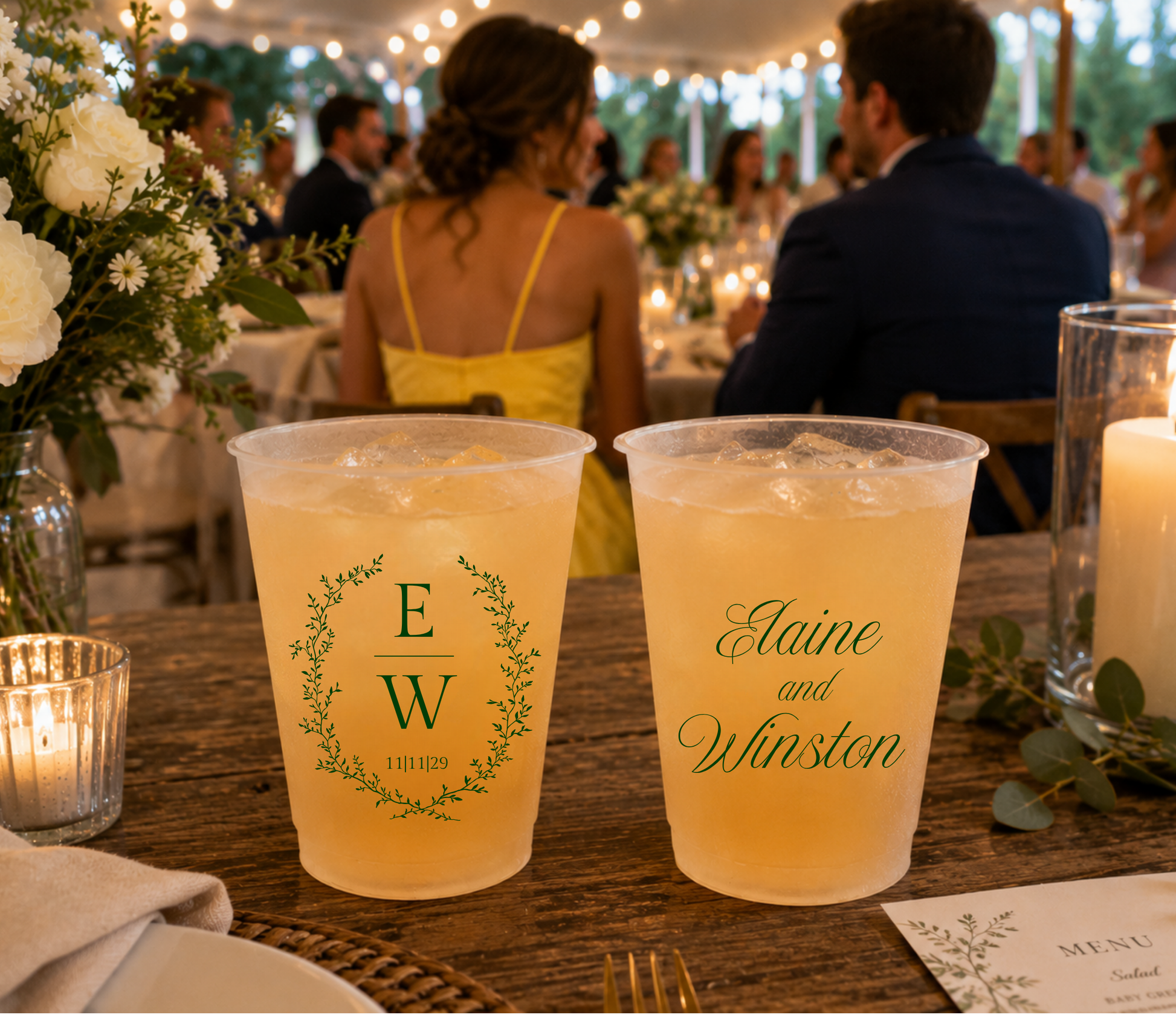 
Personalized botanical frosted wedding cup with greenery wreath and custom initials.
