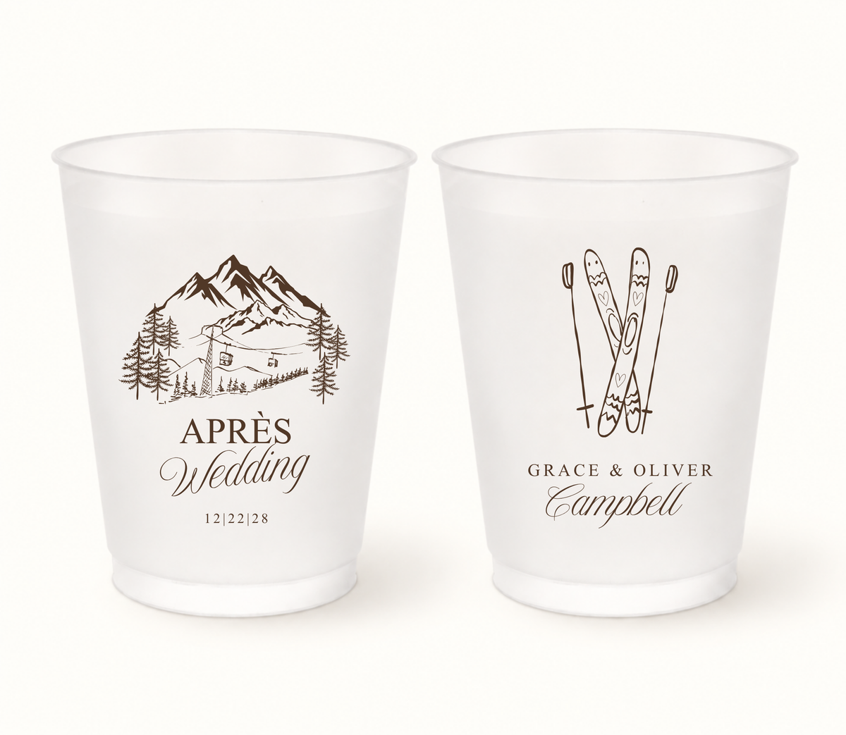 Personalized Après Ski wedding frosted cups featuring mountain ski lift design with custom couple names and wedding date.
