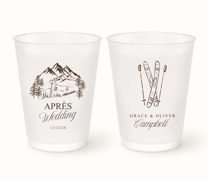 Personalized Après Ski wedding frosted cups featuring mountain ski lift design with custom couple names and wedding date.
