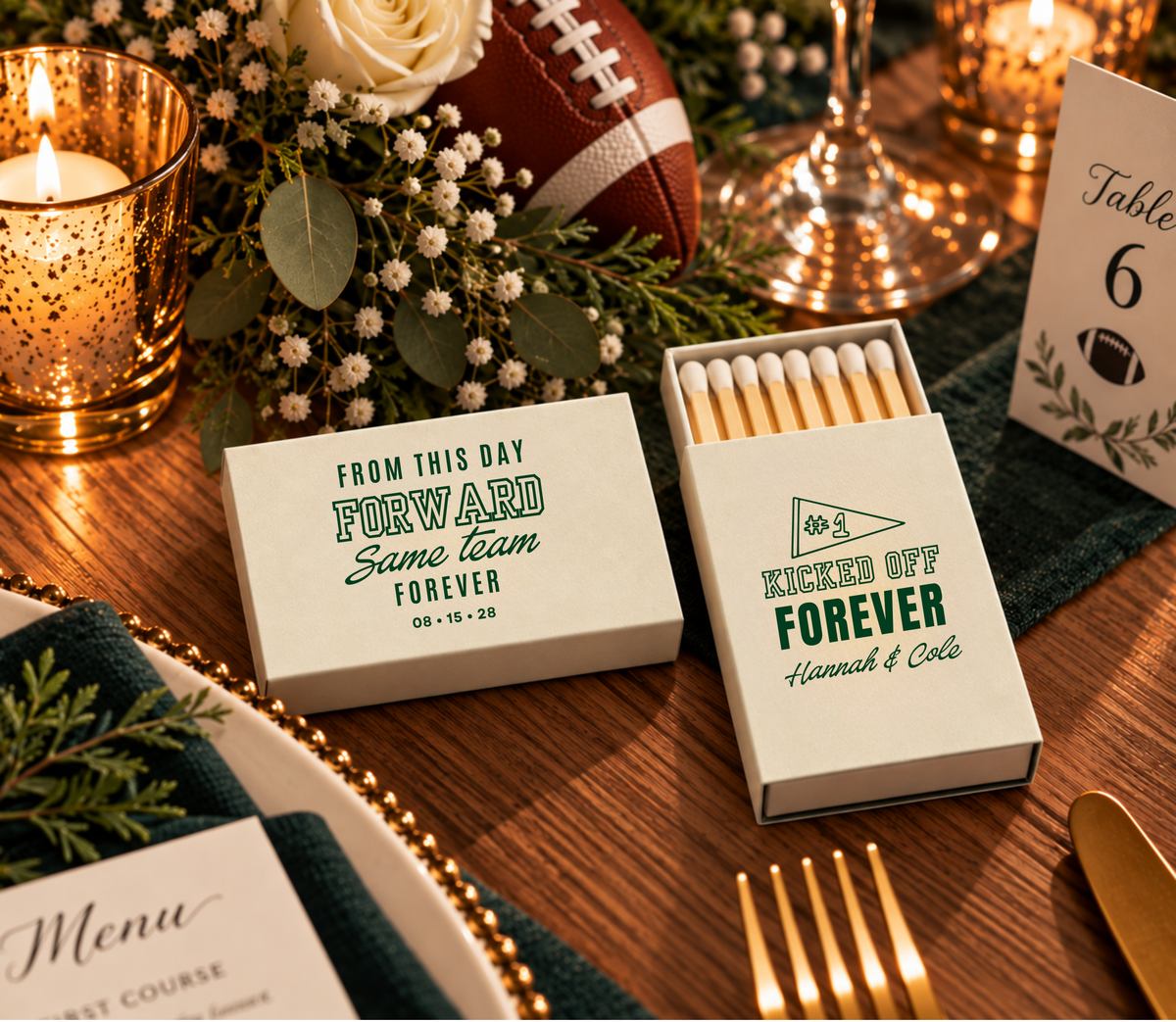 Cream football wedding favor matchboxes with deep green typography, personalized couple names, and wedding date.