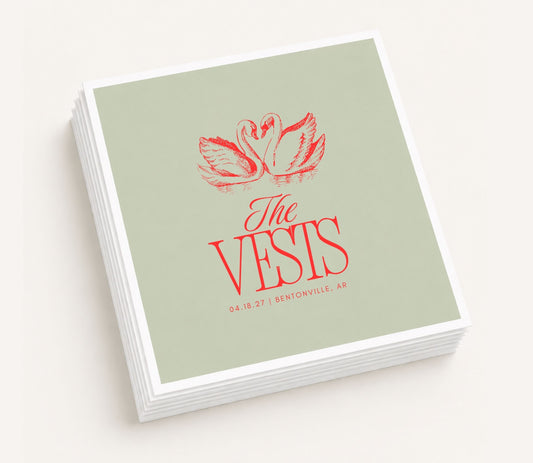 Personalized wedding cocktail napkins featuring romantic swan artwork, custom family name Vests, wedding date, and venue location.
Custom swan wedding napkin featuring personalized wedding details.