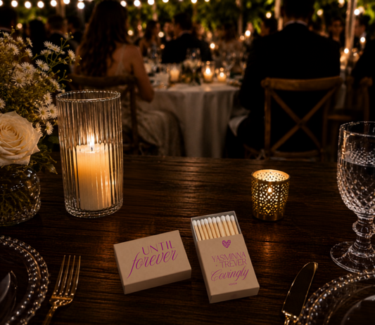 Leopard heart personalized tan wedding matchboxes for modern weddings.