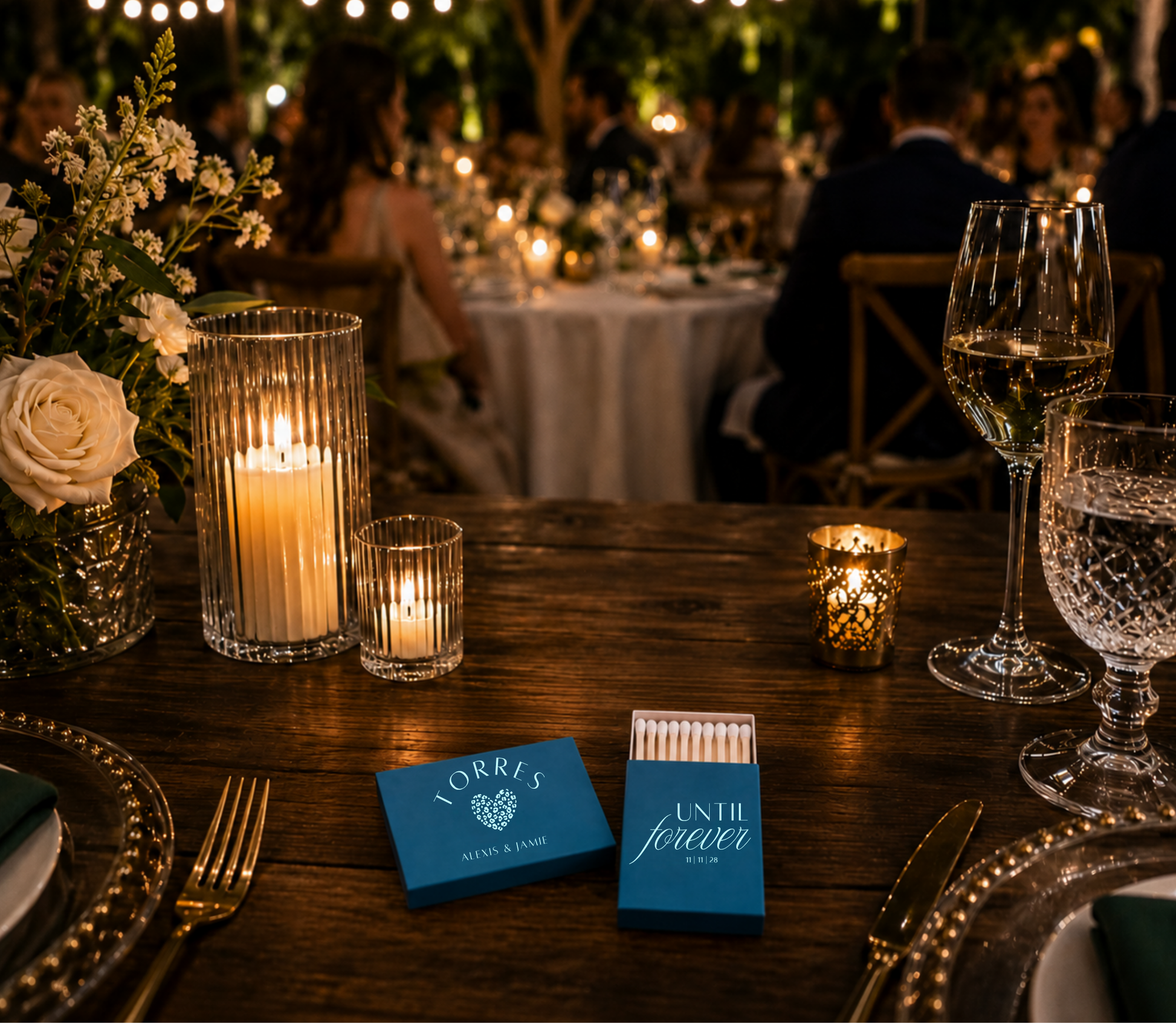 Leopard heart personalized teal wedding matchboxes.