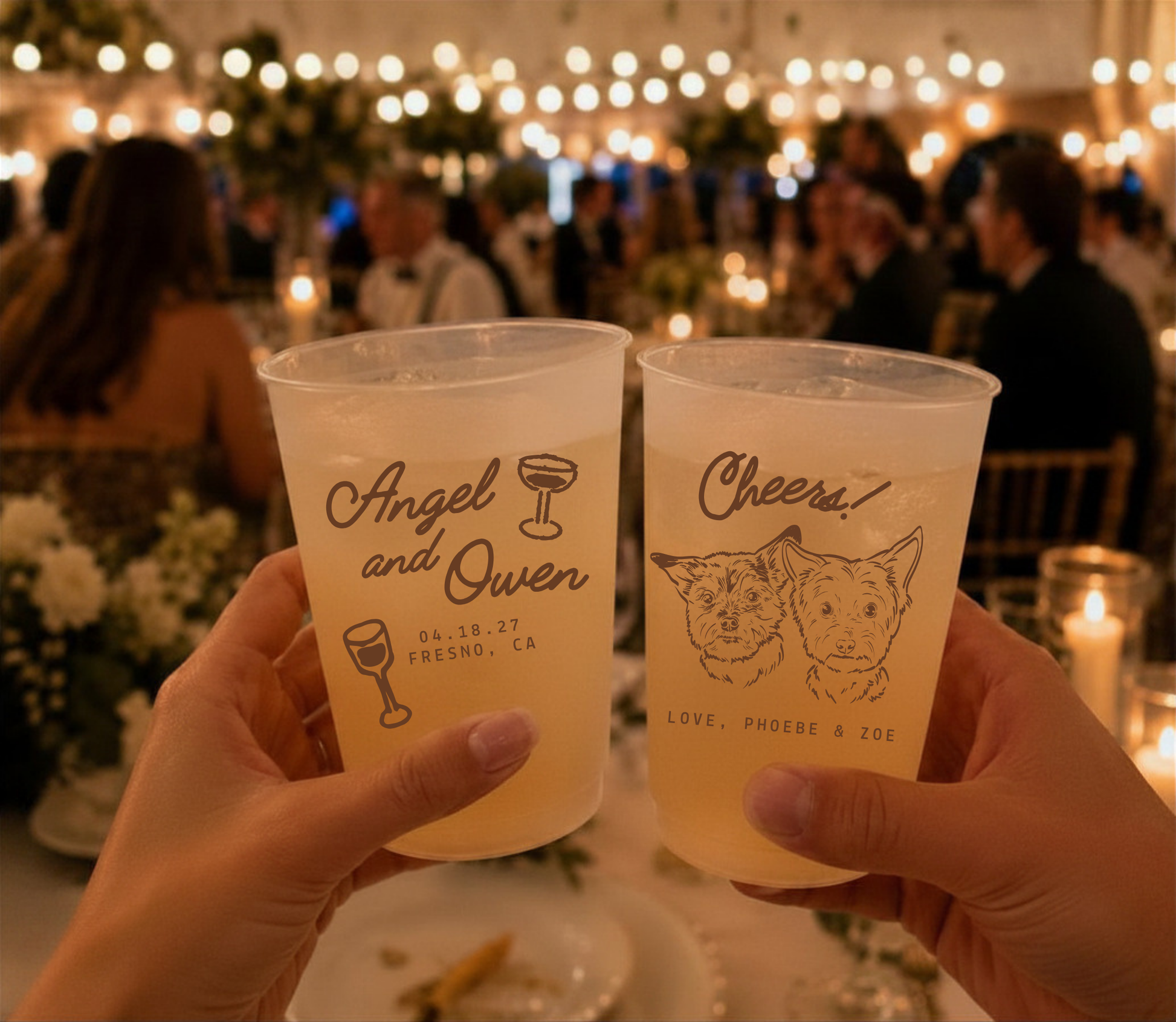 Personalized pet wedding stadium cups.