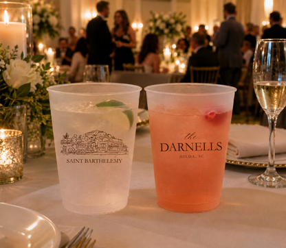 Personalized resort wedding stadium cups.