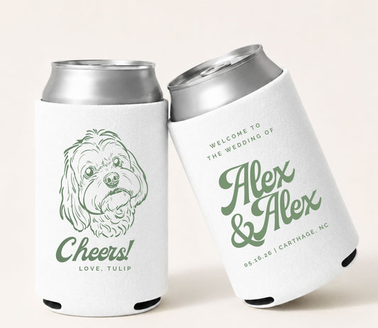 Custom vintage dog portrait wedding can cooler featuring personalized names, wedding date, and pet artwork.