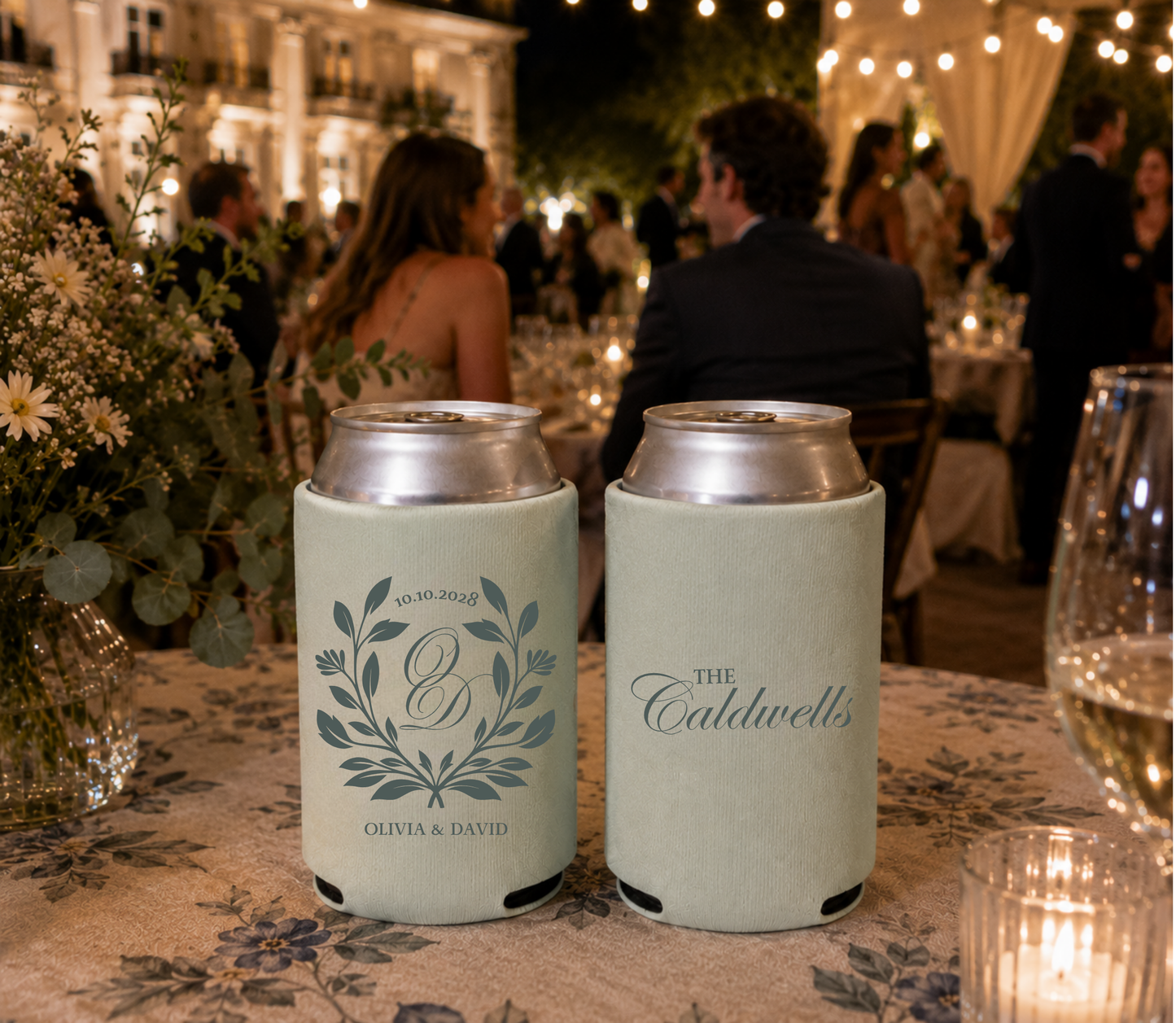 Personalized sage wedding can cooler with botanical laurel monogram.
Custom wedding can cooler featuring a laurel wreath, monogram, and family name.