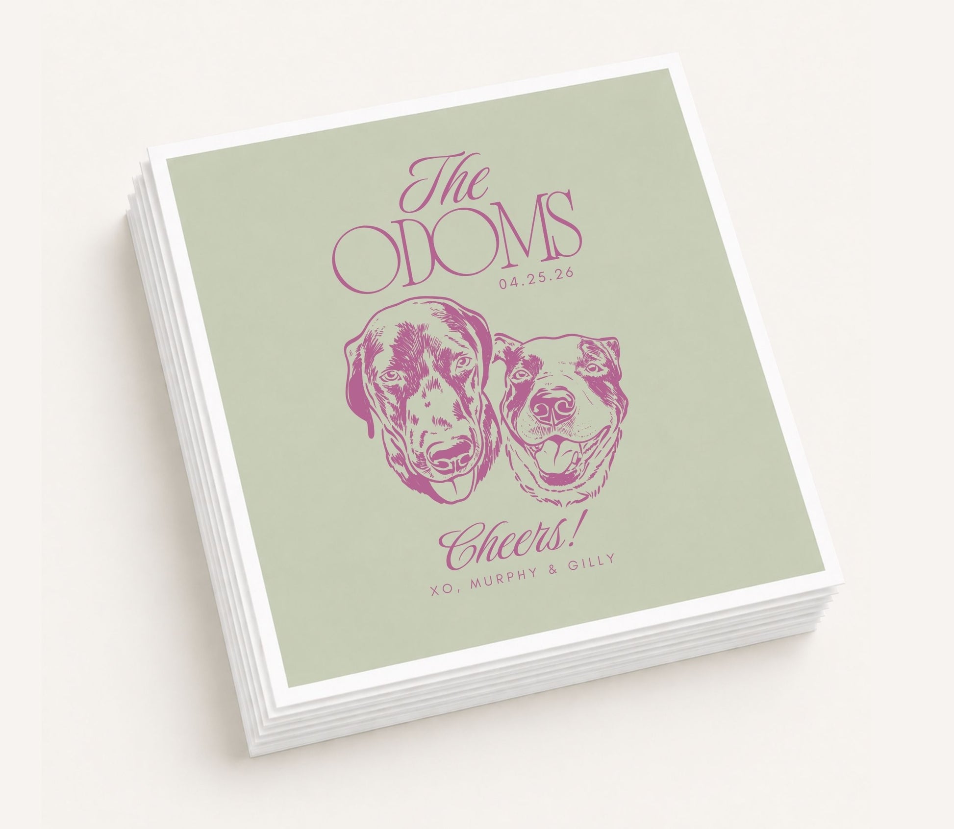 Custom wedding cocktail napkin with two dog illustrations, couple name, and wedding date.