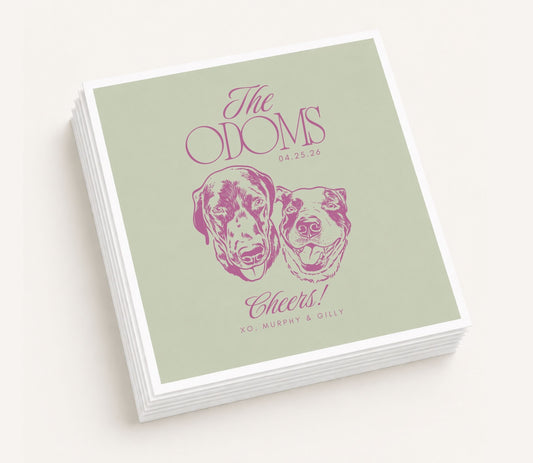Custom wedding cocktail napkin with two dog illustrations, couple name, and wedding date.