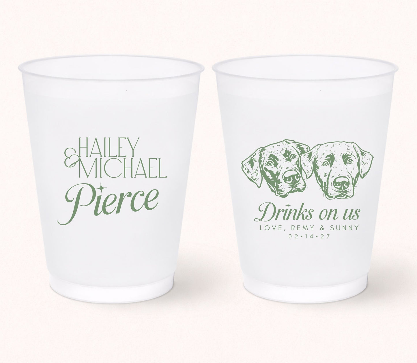 Two personalized frosted wedding cups featuring custom portraits of two dogs, the phrase "Drinks on Us," pet names Remy and Sunny, and personalized couple names Haley and Michael Pierce with the wedding date 02.14.27.
Personalized frosted wedding cups featuring two custom dog portraits and elegant wedding personalization.
Custom wedding drink cups with two pet portraits, couple names, and wedding date.