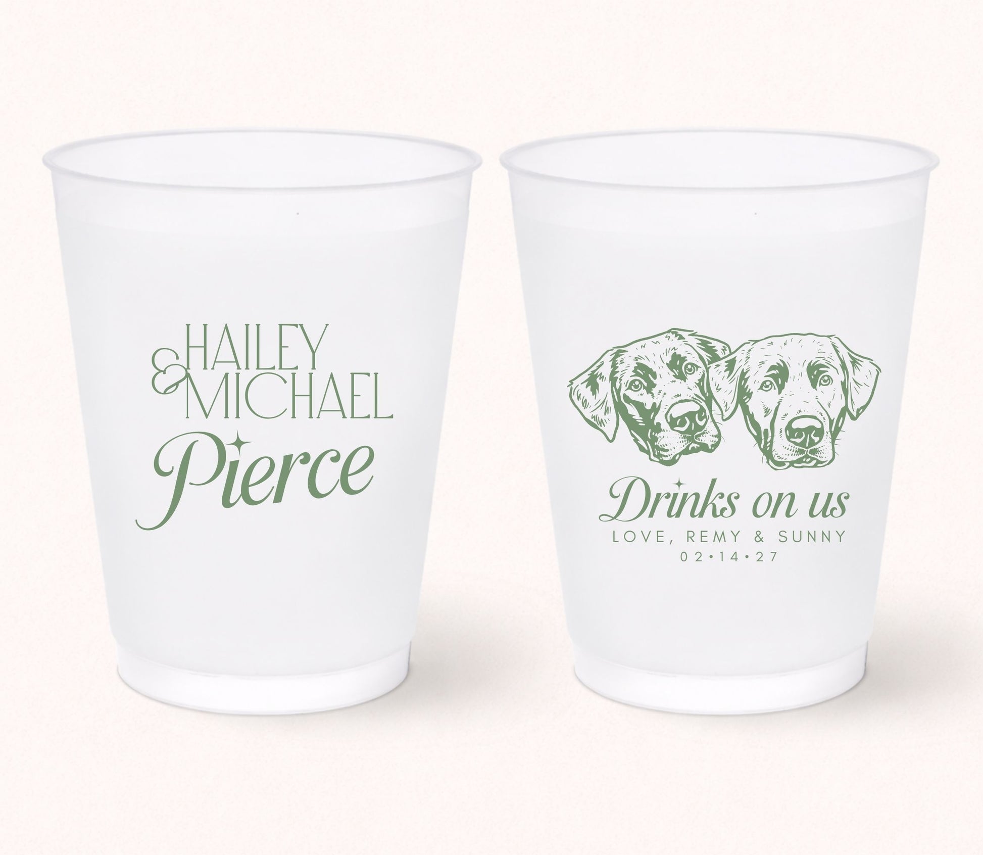Two personalized frosted wedding cups featuring custom portraits of two dogs, the phrase "Drinks on Us," pet names Remy and Sunny, and personalized couple names Haley and Michael Pierce with the wedding date 02.14.27.
Personalized frosted wedding cups featuring two custom dog portraits and elegant wedding personalization.
Custom wedding drink cups with two pet portraits, couple names, and wedding date.