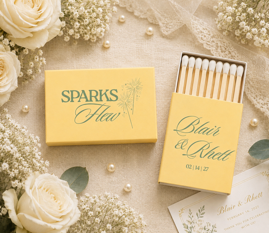 Custom wedding matchboxes with Sparks Flew sparkler design and personalized names.