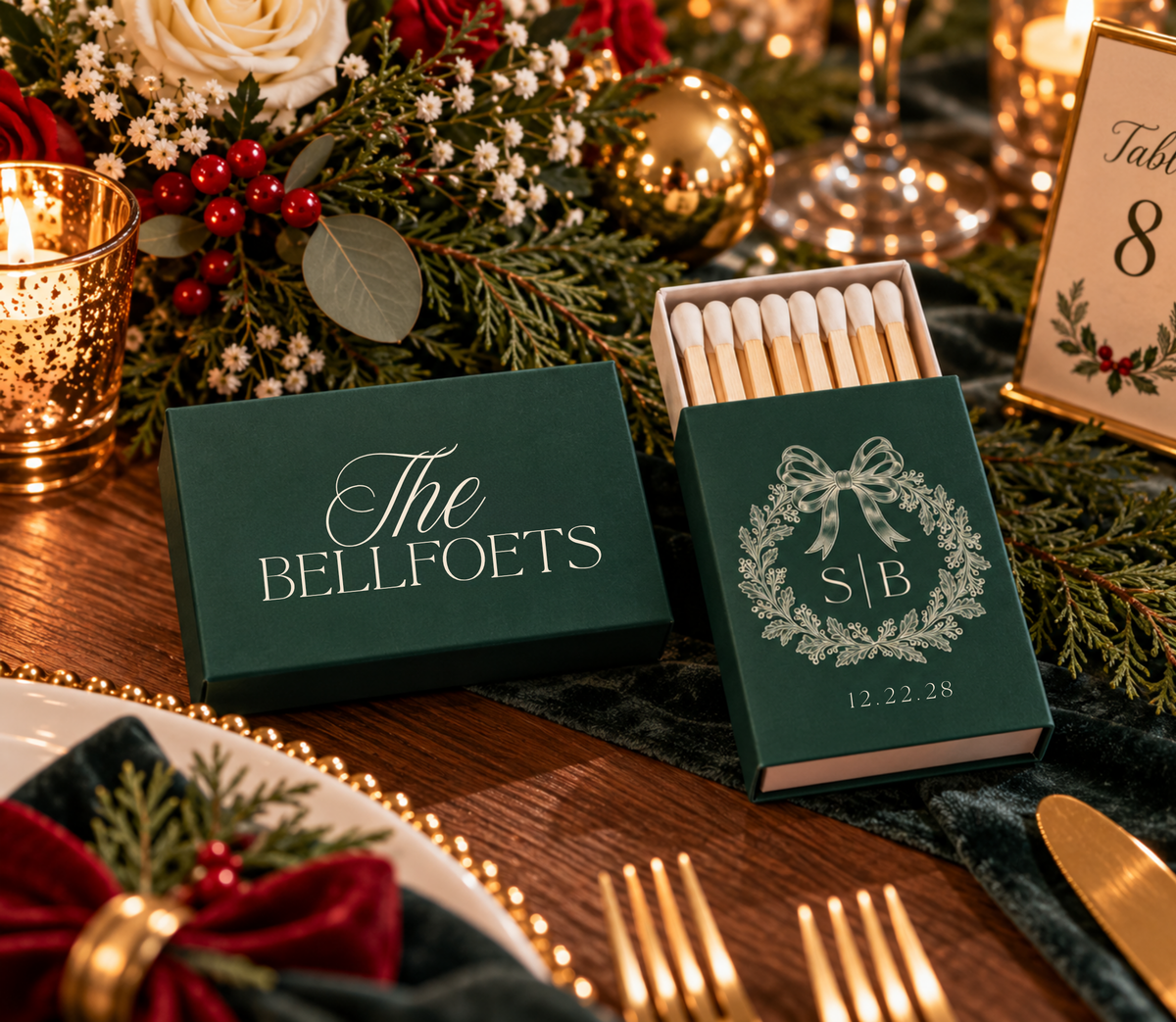 Green Christmas wedding matchbox featuring a personalized family name and elegant cream typography.