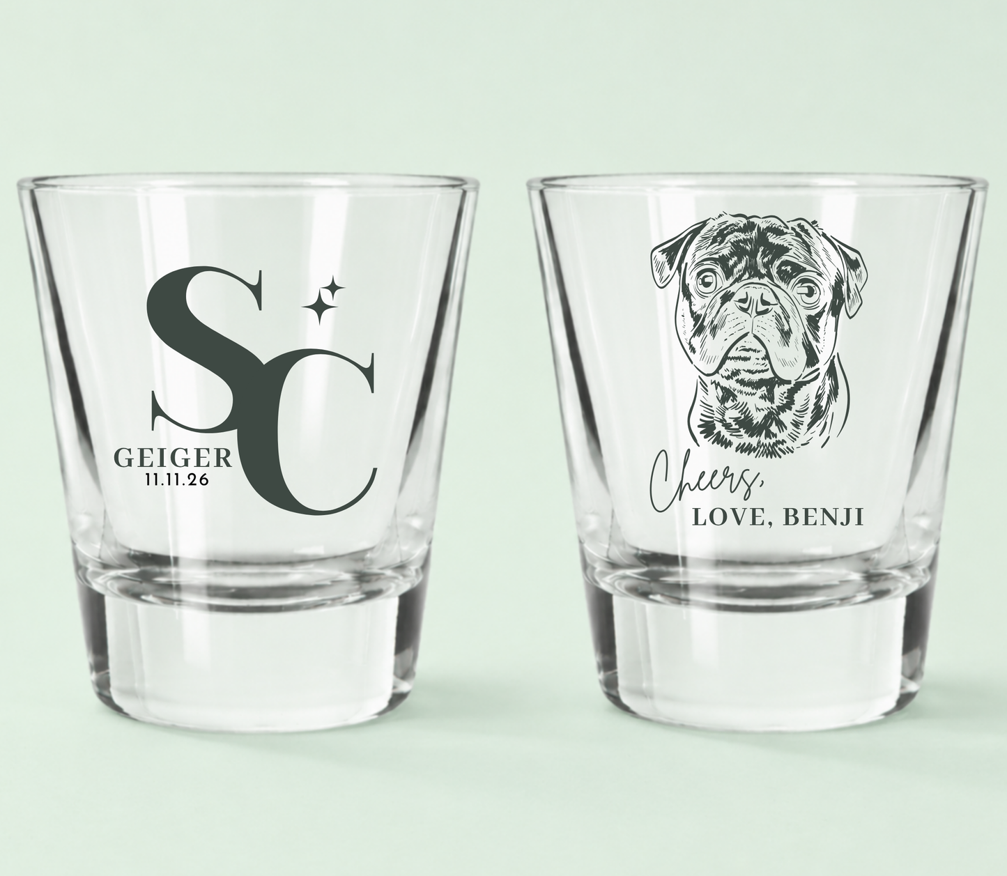 Custom pet shot glasses clear or frosted for wedding celebration, 