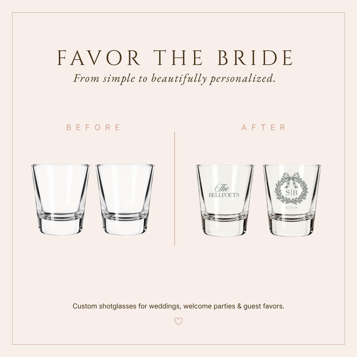 Monogram wedding shot glass favors featuring an elegant bow and floral wreath design.