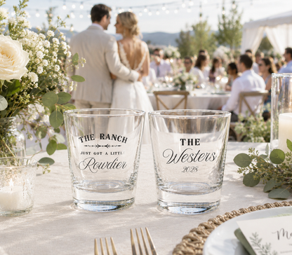 Personalized western wedding shot glasses with custom couple names and rustic ranch wedding design