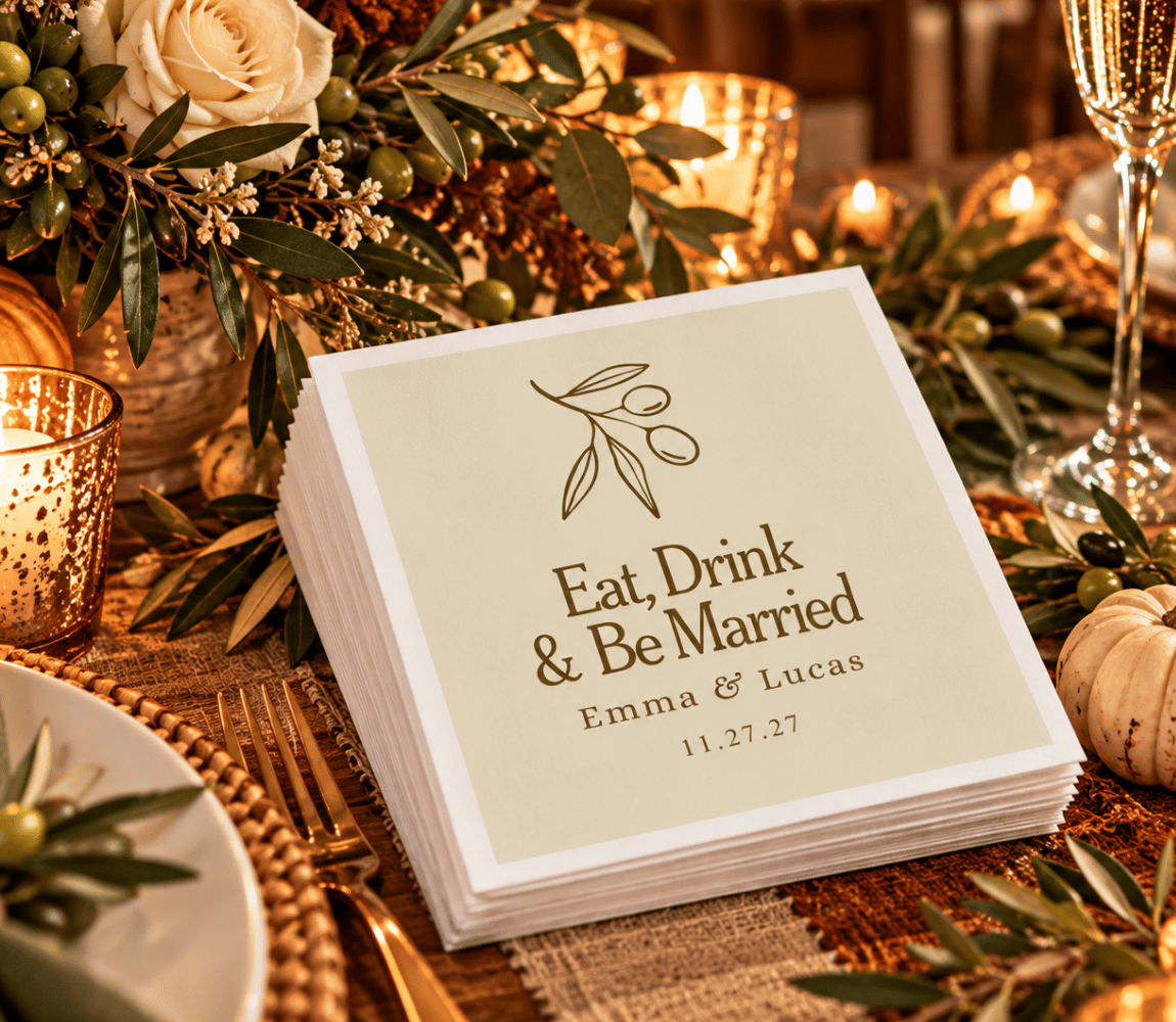 Elegant beige wedding napkins with botanical design and personalized couple names.