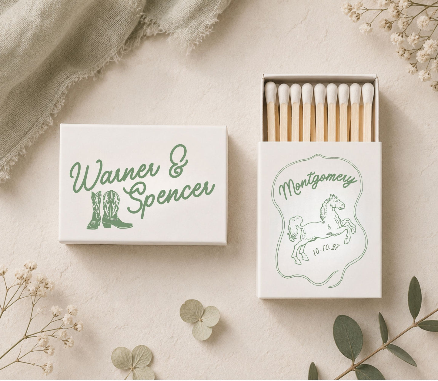 Custom western boots wedding matchboxes featuring elegant typography, personalized couple names, and rustic western design.