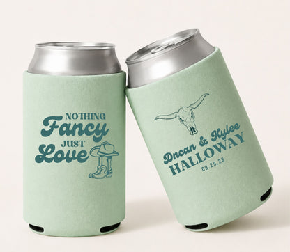 Sage green personalized western cowboy wedding can coolers featuring cowboy boots, cowboy hat, longhorn skull artwork, custom couple names, wedding date, and premium foam construction.
Personalized western cowboy wedding can cooler with cowboy boots, hat, and custom wedding names.
Custom western beer can sleeve featuring cowboy graphics and personalized wedding details.
Rustic western wedding favor can cooler with cowboy hat, boots, and longhorn skull design.
Country wedding foam can cooler personalized