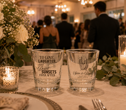 Personalized desert wedding shot glasses with cactus artwork couple names and wedding date