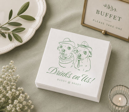 Custom western wedding table napkin featuring two dog portraits in cowboy hats and personalized names.
