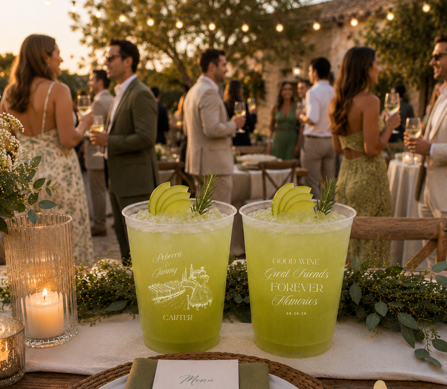 
Personalized vineyard wedding frosted cup with winery landscape illustration.
