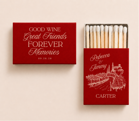Red personalized vineyard wedding matchboxes featuring winery landscape artwork, custom couple names Rebecca and Jimmy, family surname Carter, and wedding date.

Red vineyard wedding matchbox featuring elegant winery landscape illustration and personalized couple names.

Personalized Tuscan wedding matchbox featuring vineyard estate illustration and custom wedding details.