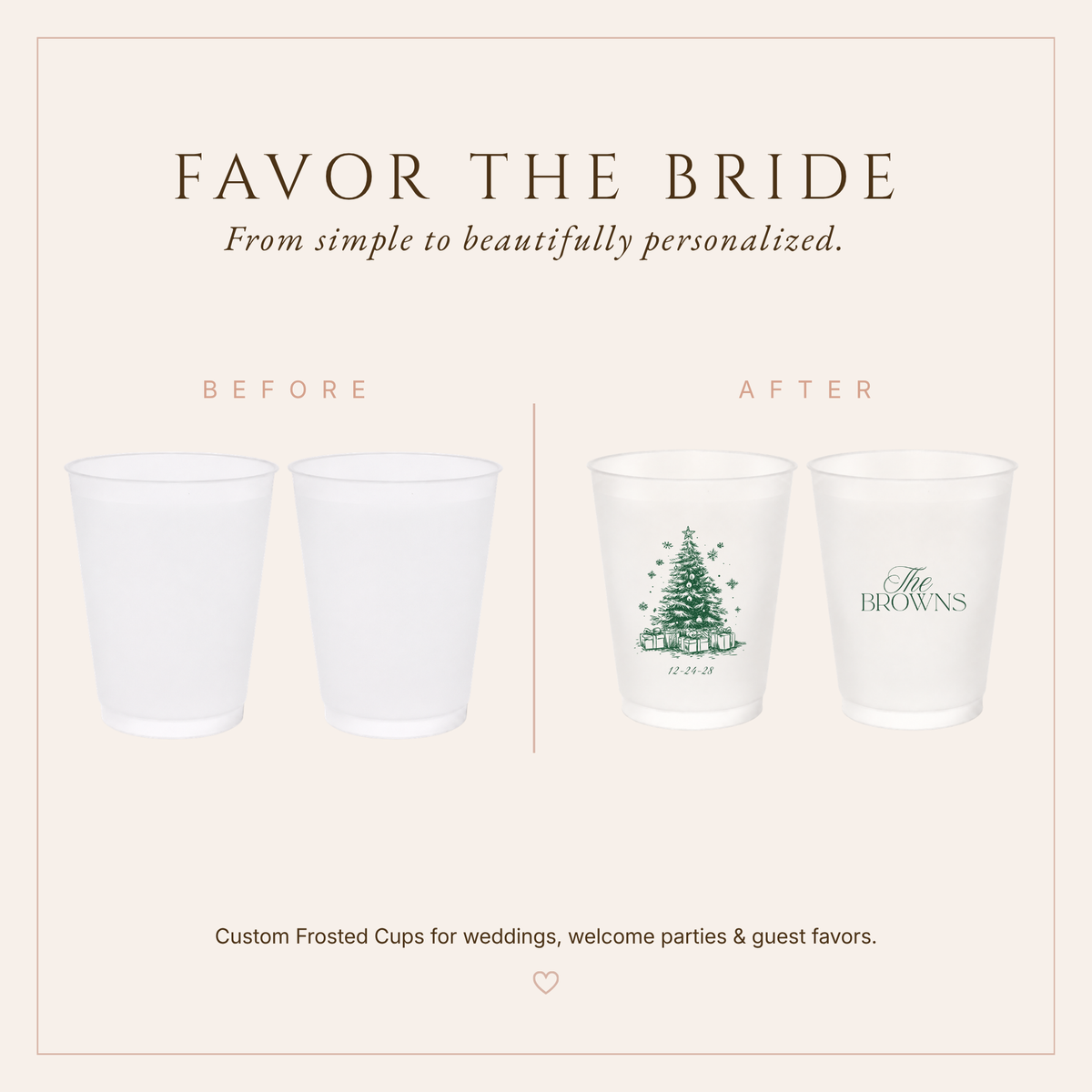 Elegant personalized Christmas wedding drinkware featuring a detailed Christmas tree and custom family name.