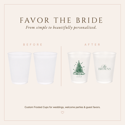Elegant personalized Christmas wedding drinkware featuring a detailed Christmas tree and custom family name.